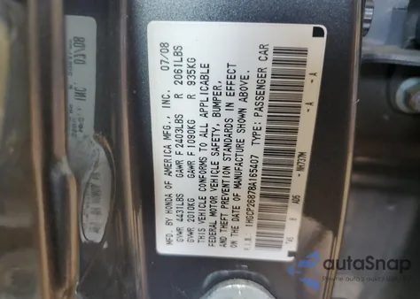 2008 Honda Accord Exl z USA, uszkodzony, nr VIN 1HGCP26878A165407